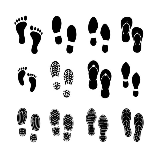 Set of human footprints vector design template. Black silhouette of human footprints, shoes prints, baby prints, women prints isolated on white background.