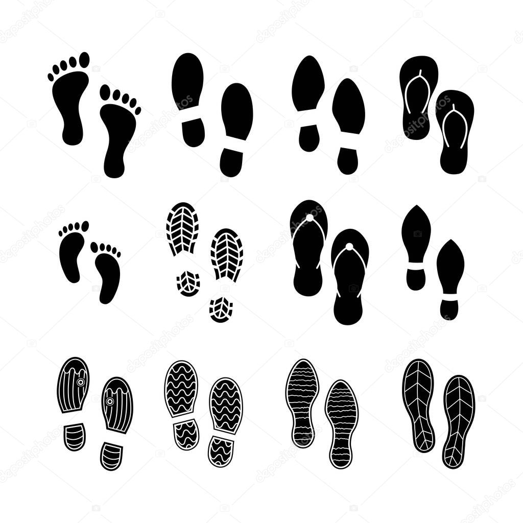 Set of human footprints vector design template. Black silhouette of human footprints, shoes prints, baby prints, women prints isolated on white background.