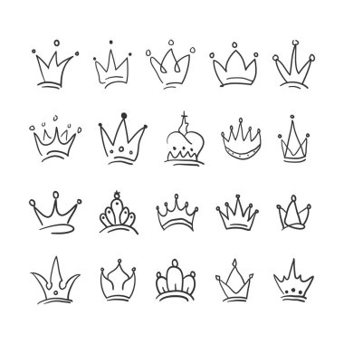 El çizimi Crown vektör koleksiyonu. Doodle vektör illüstrasyon setini taçlandırıyor. Kraliyet başı, kral tacı, çeşitli tasarımı olan kraliçe tacı..