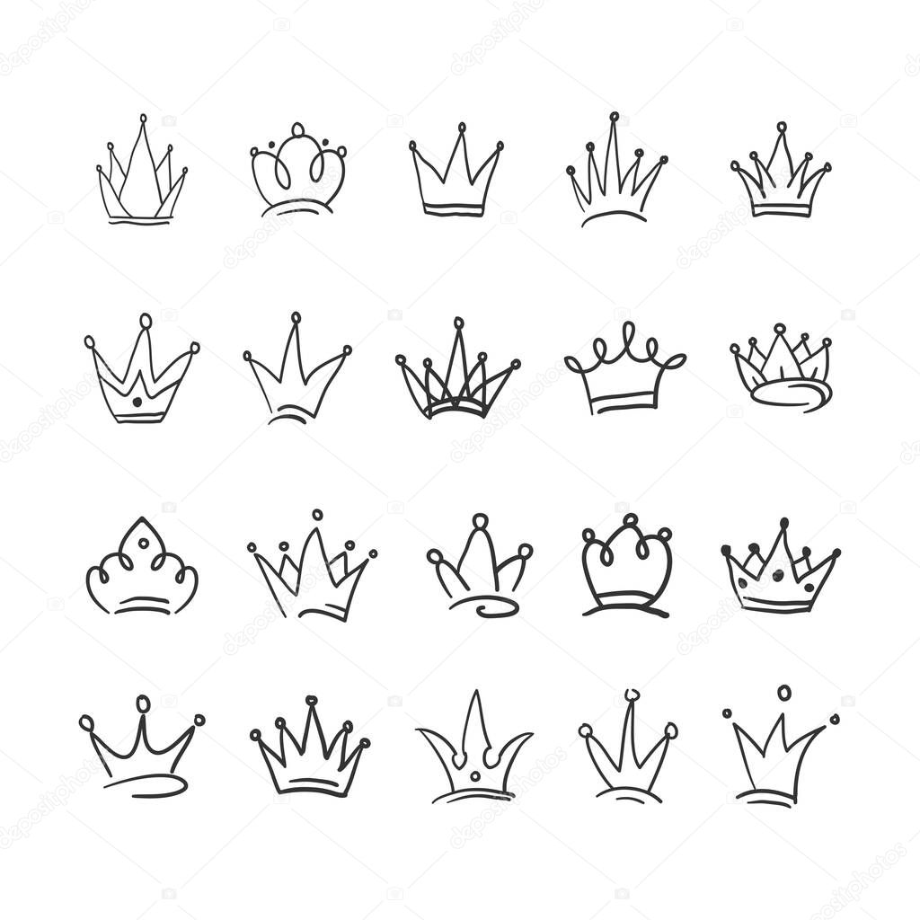 Hand drawn Crown vector collection. Doodle crowns vector illustration set. Royal head, King crown, Queen crown with various design.