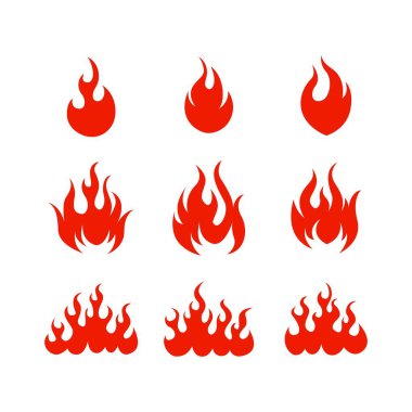 Çizgi film alev toplama vektörü. Kırmızı ateş, ateş elementi, kamp ateşi, ısı yangını, alev ikonu çizimi.