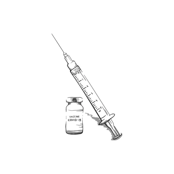 Covid Vacuna Contra Coronavirus Frascos Medicamentos Concepto Dibujo Vectorial Jeringa — Vector de stock