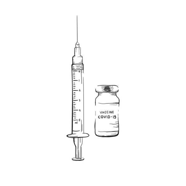 Covid Vacuna Contra Coronavirus Frascos Medicamentos Concepto Dibujo Vectorial Jeringa — Vector de stock