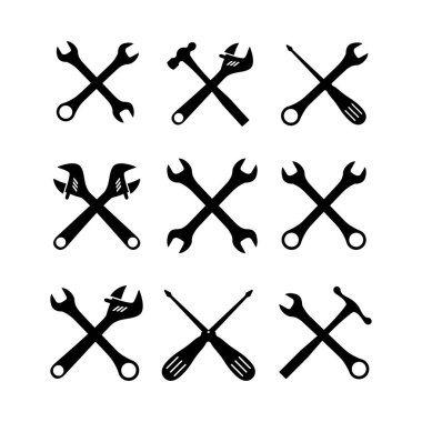 Araçlar simge vektör tasarımını ayarladı. Çekiç, tornavida, anahtar, alet koleksiyonu siluet vektörü. Simge logo tasarım şablonunu onar