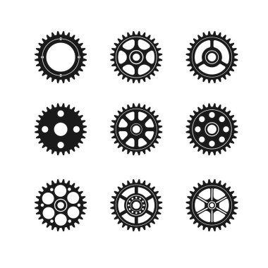 Tekerlek simgesi logosu vektörü. Beyaz arkaplanda dişli tekerlek, çark simgeleri koleksiyonu