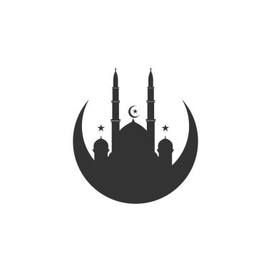 Cami simgesi logo vektör tasarımı. Beyaz izole arkaplanda Siluet Camii
