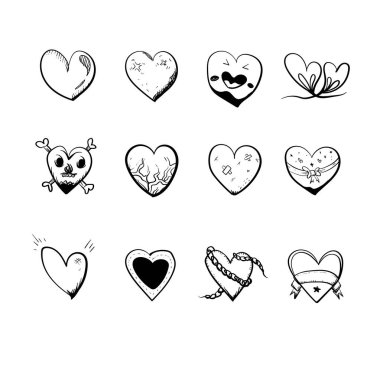 El çizimi kalp sembolleri karalama vektörü. El çizimi, taslak, siyah beyaz resimlerle kalp sembolleri..