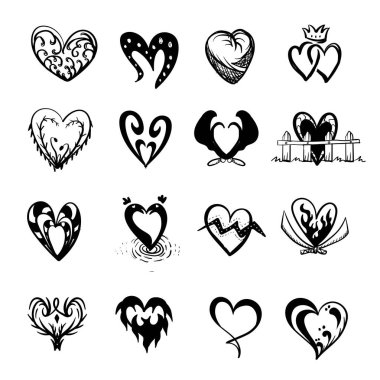 El çizimi kalp sembolleri karalama vektörü. El çizimi, taslak, siyah beyaz resimlerle kalp sembolleri..