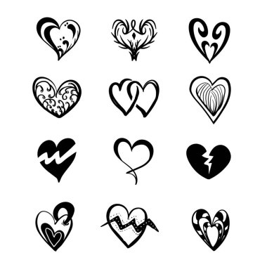 El çizimi kalp sembolleri karalama vektörü. El çizimi, taslak, siyah beyaz resimlerle kalp sembolleri..