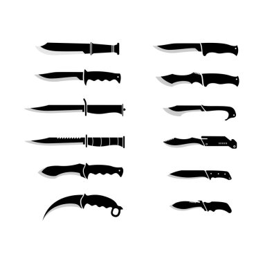 Askeri bıçaklar ya da savaş silahları vektör illüstrasyonları. Dövüş bıçağı, avcı bıçağı vektör siluetleri