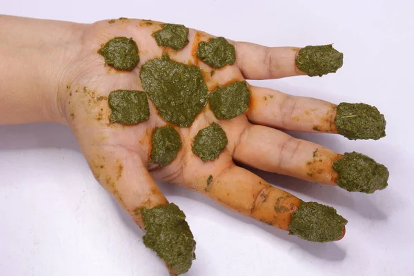 フレッシュメヒンディー語緑の葉 Lawsonia Inermis 白い背景に隔離された適用女性の手を貼り付ける — ストック写真