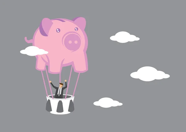 Hombre de negocios en Piggy Bank Globo de aire caliente Vector Ilustración — Archivo Imágenes Vectoriales