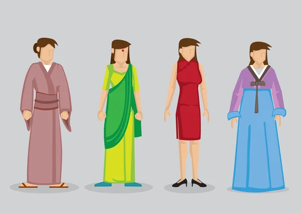 Азиатская женская мода традиционные костюмы векторная иллюстрация — стоковый вектор