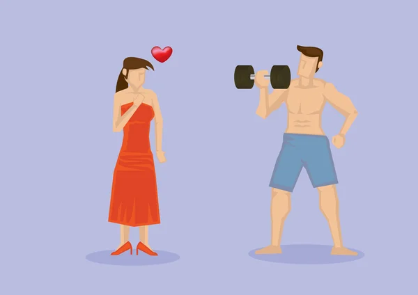 Femme tombe en amour avec l'homme musculaire — Image vectorielle