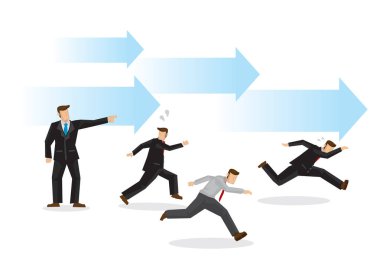 Patron çalışanlarından hedeflerine ulaşmalarını istiyor. Zorlu bir patronun iş kavramı. Yaratıcı çizgi film vektör çizimi