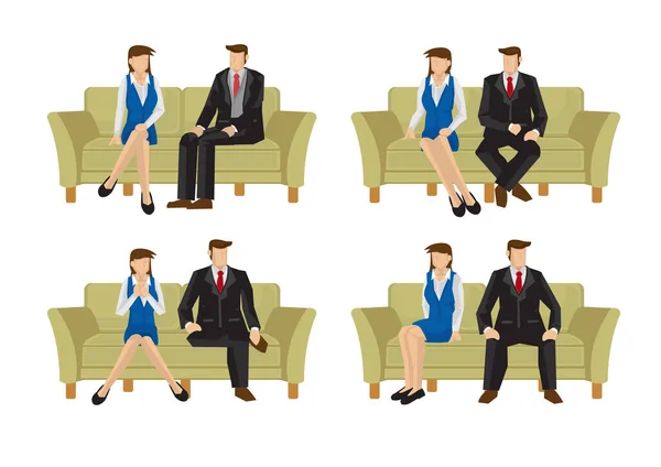 ソファに座っているビジネスマンと女性のセット オフィスでの関係の概念 ベクターイラスト — ストックベクタ
