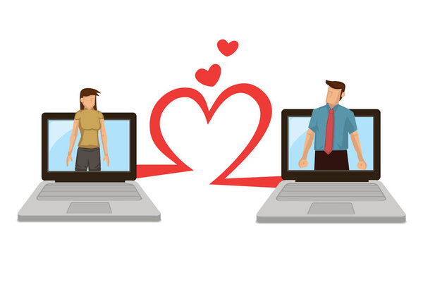 Мужчина и женщина используют компьютер для связи ради любви. Концепция онлайн любви или знакомств. Векторная иллюстрация.