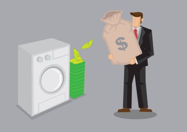 Takım elbiseli bir iş adamının parasını yıkadığı vektör çizgi film çizimi. Yasadışı para aklama kavramı.