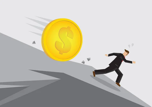 Ilustrace Zlatého Dolaru Valícího Kopce Běžícím Podnikatelem Koncept Pádu Měnových — Stockový vektor