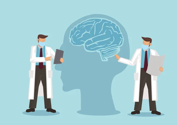 医者は脳の頭部について一緒に議論する 心理学や精神衛生の概念 ベクターイラスト — ストックベクタ