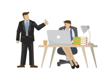 İş adamı, kadın meslektaşını iyi bir iş çıkardığı için övüyor. İyi liderlik kavramı, çalışan tanıma ve kurumsal takdir kavramı. İzole vektör illüstrasyonu.