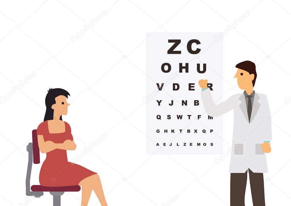 Male ophthalmology doctor in uniform pointing to an eye test chart with a young woman. Medicine, optometrist or healthcare concept. Vector flat style cartoon illustration isolated on white background.