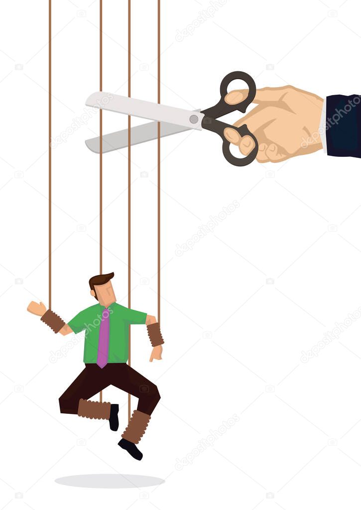 Giant hand with scissors cutting the strings attached to businessman. Freedom, independent, liberation, control concept