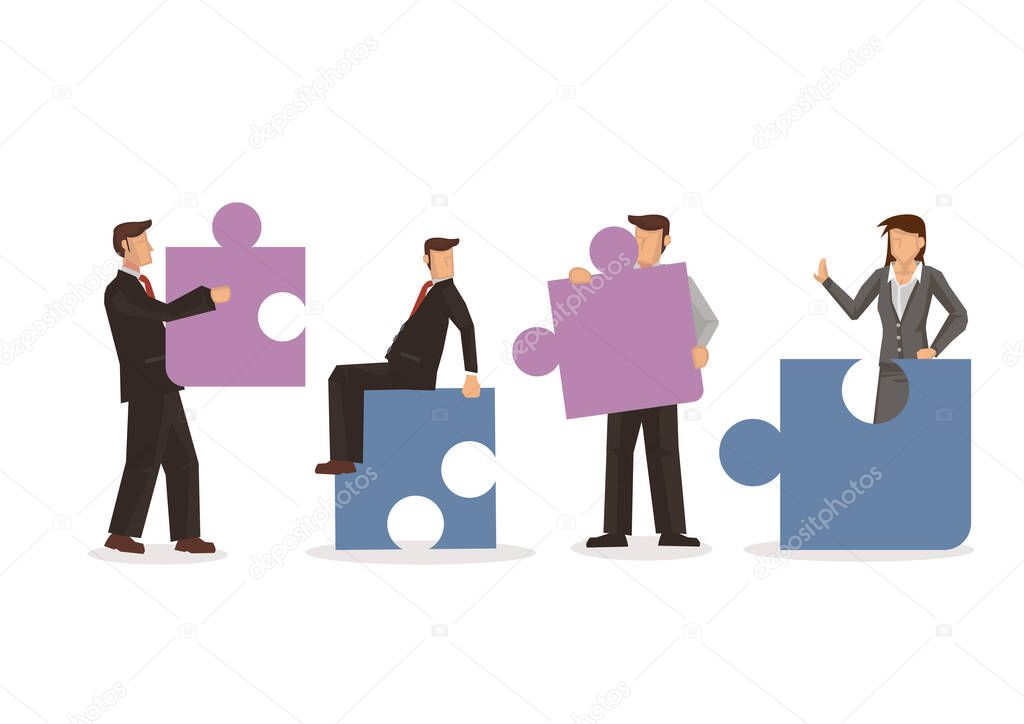 Business people connecting puzzle pieces.Business team metaphor. Concept of teamwork, cooperation or partnership. Flat vector illustration