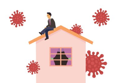 Çatıdaki adam. Toplumsal uzaklıktan dolayı yalnızlık ve depresyon, COVID-19 Coronavirus krizinde evde yalnız kalmak. Etrafı virüsle çevrili mutsuz depresif bir adam. Vektör illüstrasyonu