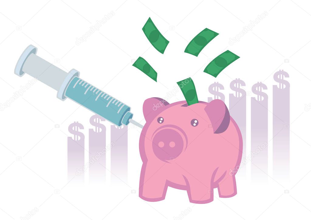 Injection into money piggy bank. Concept of Economic stimulus or QE Quantitative Easing. Monetary policy in economic in financial crisis or economic recession. Vector illustration.