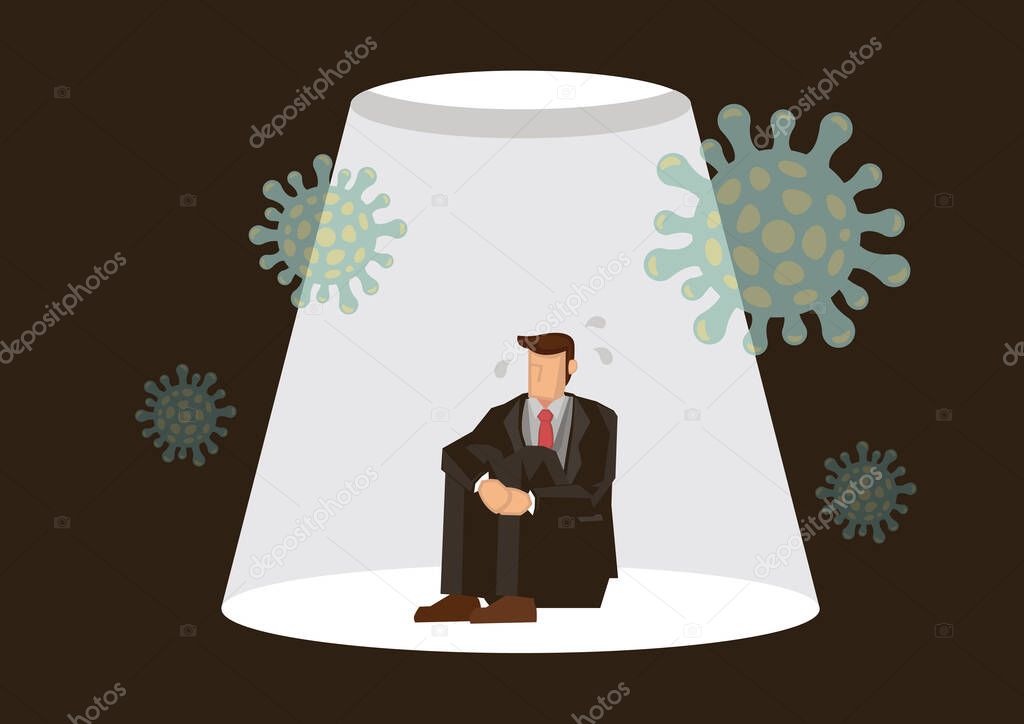 Businessman trap underground. Concept of solitude and depression from social distancing, isolated stay home and impact on business during COVID-19 coronavirus crisis. Vector illustration
