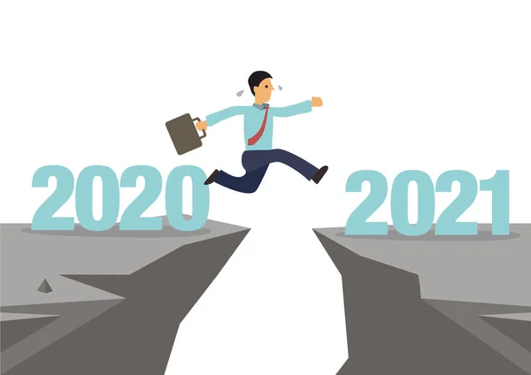 사업가는 절벽으로 위험성이 회복에 새로운 2020 년에서 2021 년으로 날짜가 — 스톡 벡터