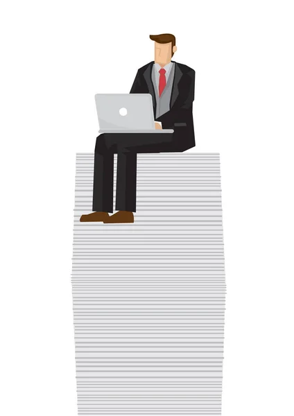 背の高い書類の山の上のビジネスマン 収益性の高い事業成長の概念 ベクトル漫画イラスト — ストックベクタ