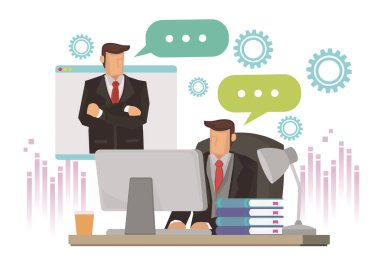 İş adamı iş arkadaşı, müvekkil ya da patronla görüntülü konuşma yapıyor. Çevrimiçi brifing veya dijital konferans kavramı. Düz karakter vektör illüstrasyonu.