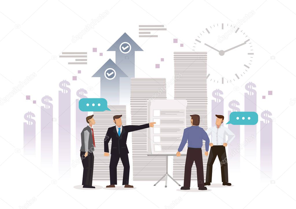 Businessmen at office having a meeting with stack of documents. Success business and finance concept. Flat vector illustration.