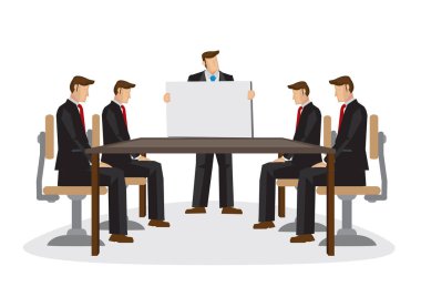 Lider sunum yaparken şirket işletme takımı tartışmasının bir tasviri. İş dünyası takım çalışması kavramı.