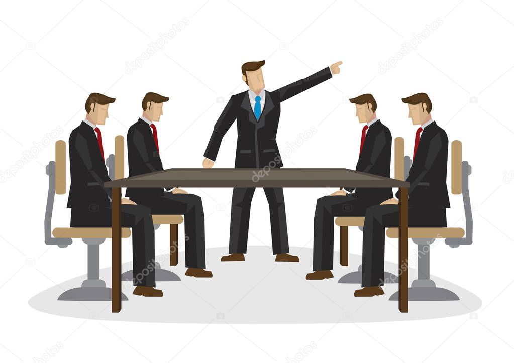 Businessman or boss scolding his colleagues in a meeting. Concept of office politics, corporate conflict or work not doing well. Isolated vector illustration.