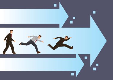 İş adamları oklarla koşar. İş dünyası rekabet ya da hedef alma kavramı. Düz vektör illüstrasyonu. 