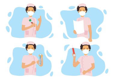 Cerrahi maske takan dört kadın hemşire. Vektör illüstrasyonu