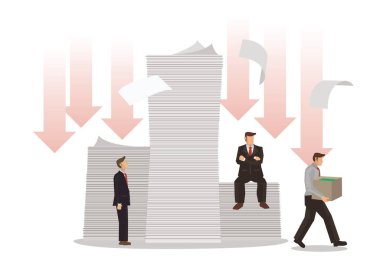 Borçlu iş adamları. Borç kavramı, iflas ya da kurumsal yeniden yapılanma. Düz vektör illüstrasyonu