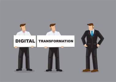 Patrona, beyaz kart üzerinde Dijital Dönüşüm olan şirketin gelecekteki yönünü gösteren bir şirket çalışanının tasviri. Yenilikçi gelecek kavramını tasvir et.