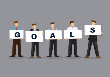 Beyaz kart başlıkları taşıyan iş adamı ve kadının resmi. Gri arkaplanda tam boy. Takım çalışması kavramını tasvir et.