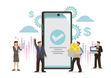 Onaylanmış kenesi olan akıllı telefonu olan iş adamları. Finansal işlemler, nakit olmayan ödeme işlemleri, ödeme sistemi veya parasal para birimi kavramı. Düz vektör illüstrasyonu.