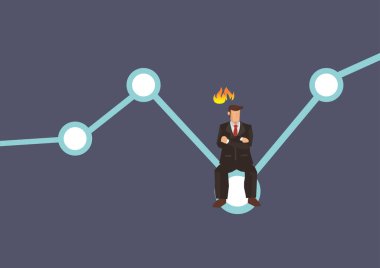 Borsa grafik çizelgesinde oturan bir işadamı. Borsa, yatırım ticareti, borsa ve borsa kavramı. Düz vektör illüstrasyonu.