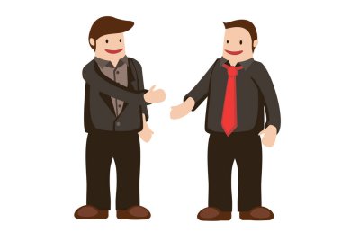 İş adamları ortaklaşa tokalaşma toplantısı. İyi bir anlaşma anlayışı. Beyaz arkaplanda izole edilmiş düz çizgi film karakter vektör çizimi.