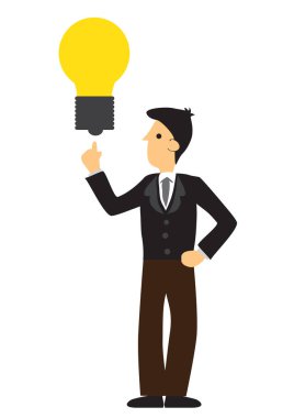 Hayal gücü ampulü olan bir iş adamı. Yaratıcılık ya da yenilik kavramı. Beyaz arkaplanda izole edilmiş düz çizgi film karakter vektör çizimi.