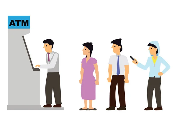 Atm機を待っているビジネスマンは現金を引き出すために 白い背景にフラット漫画のキャラクターベクトルイラスト — ストックベクタ