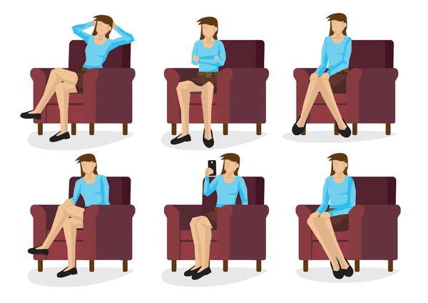 Set Donna Casual Figura Intera Varie Posizioni Sedute Isolate Sfondo — Vettoriale Stock