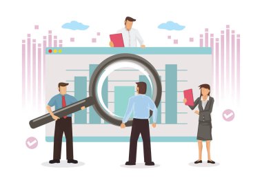 İş adamları ve ofis çalışanları bilgi köşesi grafiklerini inceler, iş verilerini analiz ederler. Düz vektör çizimi izole edildi.