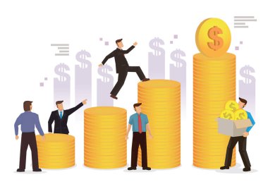 Bir yığın parası olan iş adamları. Yatırım yönetimi veya analiz kavramı, kurumsal kâr veya büyüme, iş hedefleri. Düz çizgi film karakter vektör çizimi.